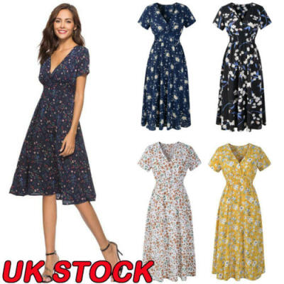 

UK Women Short Sleeve Wrap Boho Floral Maxi Dress Ladies Summer Sundress Holiday