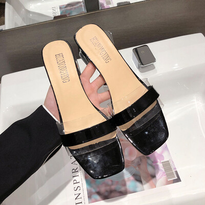 

Little Fresh Girl High-heeled Slippers Women Summer Korean Version Baitao Square-headed Rough-heeled Transparent Lazy Slippers