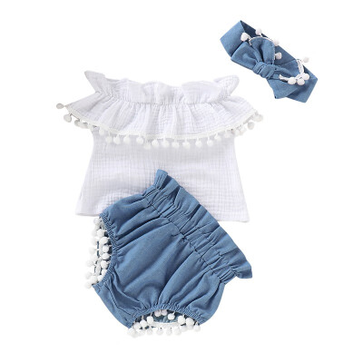 

0-24m Summer Baby Girls Off-shoulder T-shirt TopsDenim Shorts with Bow Headband Casual Outfits Sets