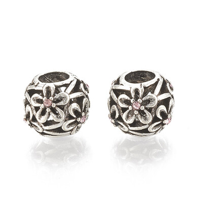 

Alloy European Beads Large Hole Beads with Rhinestone Rondelle with Flower Light Rose Antique Silver 11x10mm Hole 5mm