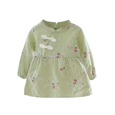 

Children Summer Girls Retro Cute Cheongsam Print Long Sleeve Sweet Princess Dress