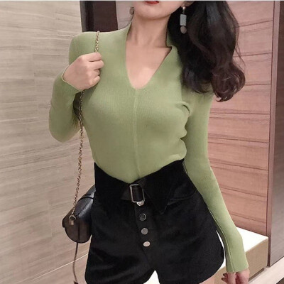 

Sweater Women New Simple V-neck Long-sleeved Womens Thin Sweater Fashion Slim Solid Color Knit Pullover Cardigan Women