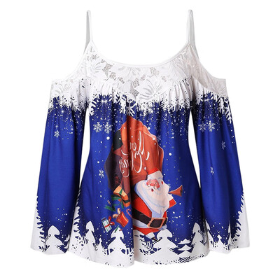 

Gobestart Women Fashion Lace Patchwork Spaghetti Strap Top Christmas Print Sling Blouse