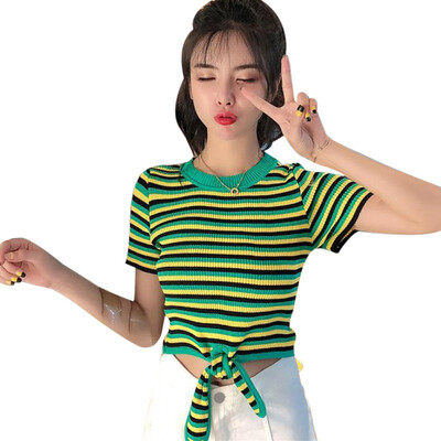 

Womens Pullover Casual Round Neck Striped Short Sleeve Slim Knitted Lace Up Crop Top