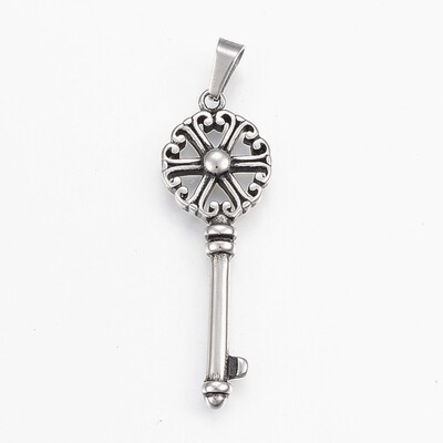 

304 Stainless Steel Pendants Key Antique Silver 45x15x4mm Hole 4x7mm