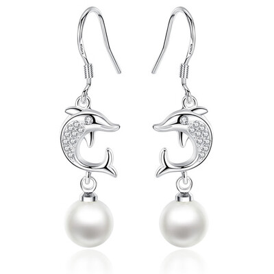 

New Simple 925 Silver Pearl Earrings Long Dolphin Pendant Earring LadyS Exquisite Jewelry
