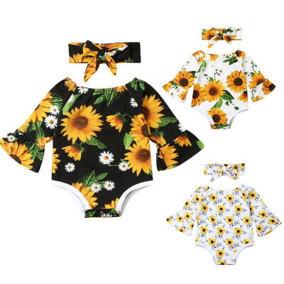 

Newborn Baby Girl Infant Floral Sunflower Print Romper Jumpsuit Bodysuit Clothes Outfits Headband Set