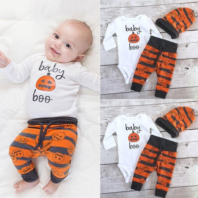 

3pcs Halloween Baby Boy Girl Kids Romper Top Pants Hat Bodysuit Outfits Set