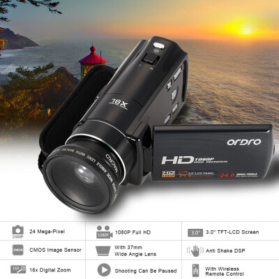 

ORDRO HDV-V7 1080P Full HD Digital Video Camera Camcorder Max 24 Mega Pixels 16× Digital Zoom 30" Rotatable LCD Screen w 37mm 0
