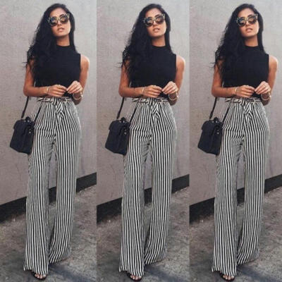 

2018 Newly Women Striped High Waist Wide Leg Casual Loose Long Pants Fashion