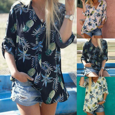 

2019 Women Long Sleeve Loose Blouse V Neck Casual Lady Beach T-Shirts Tops CA