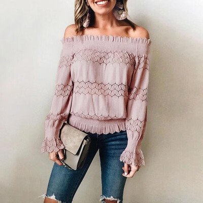 

Women Blouse Crochet Lace Splicing Off Shoulder Ruched Flare Sleeve Fuffle Hollow Out Elegant Party Wear
