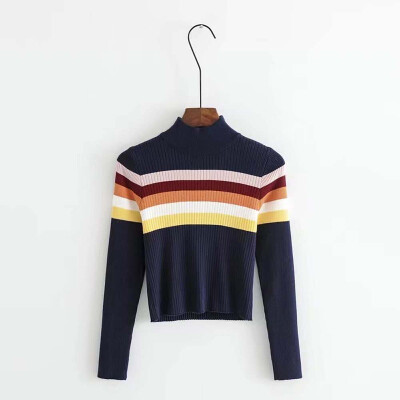 

Women Fashion Sweet Colorful Striped Sweater Autumn Winter Turtleneck Knit Bottoming Top Long Sleeve Sweaters