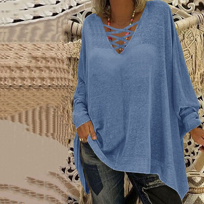 

Women Casual Loose V-collar Long sleeved Bat Sleeve Shirt