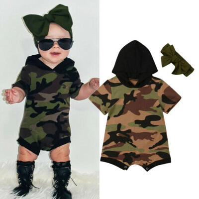 

Summer Kid Baby Girl Clothes Camouflage Hooded Romper Jumpsuit 2PCS Outfit Set