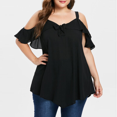 

Starmoon Women Plus Size Cold Shoulder Camis Bow Asymmetric Chiffon Ruffles Tops Tee