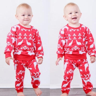 

NEW Infant Baby Boys Girls Red Christmas Long Sleeve Reindeer Print TopsPants Outfits Clothes Set