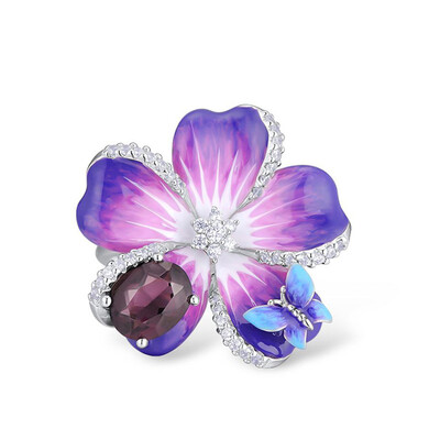 

Women 925 Sterling Silver Purple Flower Butterfly Delicate Enamel Ring Party Chic Jewelry