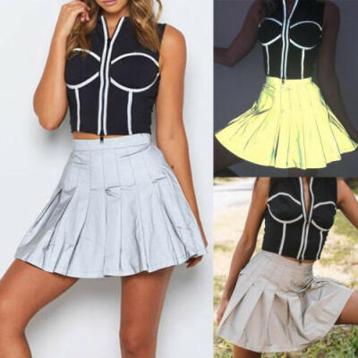 

Womens High-waist Reflective Pleated Skirt A-Line Casual Mini Short Dresses UK