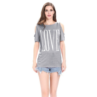 

LOVE Letter Print Off Shoulder Short Sleeves O-neck Casual T-shirt Female Summer Loose Women Tops WhiteBlackGrayPink