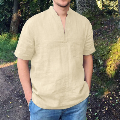 

Toponeto Mens Baggy Cotton Linen Solid Pocket Short Sleeve V-Neck T Shirts Tops Blouses