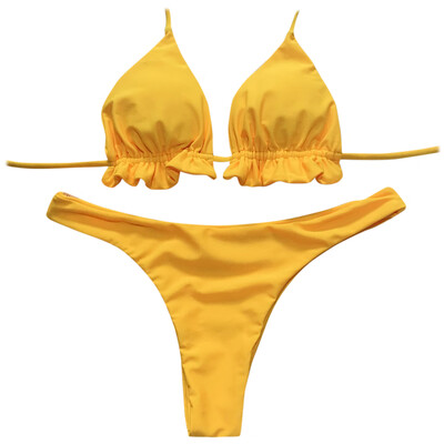 

Halter Neck Backless Tied Strap Ruffle Solid Color Low Waist Women Bikini Set