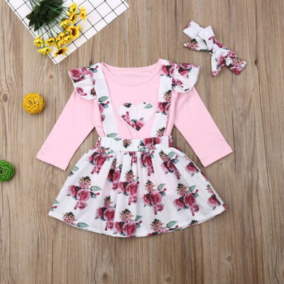 

Kid Toddler Baby Girl Floral Clothes Ruffle TopsSuspender Skirt 3Pcs Set Outfit