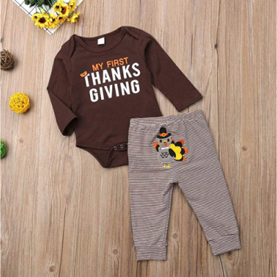 

US My First Thanksgiving Baby Boy Girl Outfit RomperStriped Turkey Pants 2Pcs