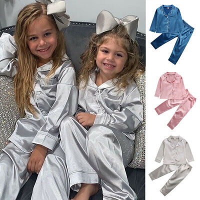 

Toddler Baby Kids Girls Satin Pajamas Set Long Sleeve Button-Down Sleepwear PJs