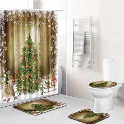 

4PcsSet Bathroom Merry Christmas Bell Christmas Style Decor-Non-Slip Pedestal Rug Lid Toilet Cover Bath Mat