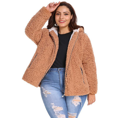 

Women Jacket Faux Fur Shaggy Hooded Necklinge Long Sleeve Zipper Fly Side Pockets Casual Outerwear