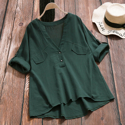 

Starmoon Women Vintage Solid Color Cotton linen Long Sleeve V Neck Botton Blouse Shirt W