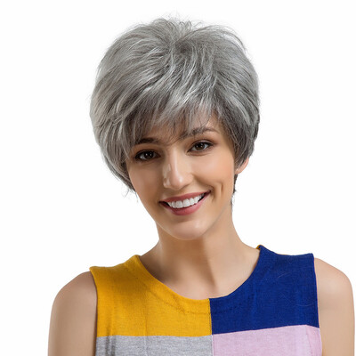 

〖Follure〗Natural Women Short Gray Black Hair Wigs Slight Fluffy Human Hair Female Wigs
