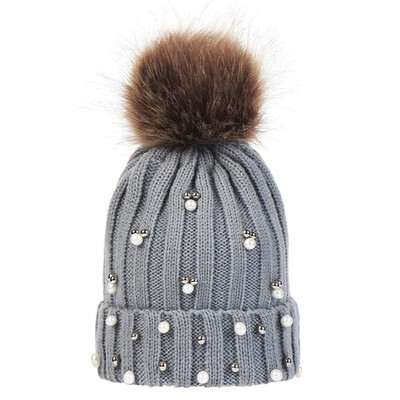 

Womens Winter Ladies Crochet Smile Face Pearl Beanie Pom Bobble Ski Cap Hat
