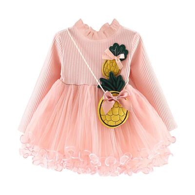 

Girls Baby Long Sleeve Cotton Splicing Gauze Cute Princess Dress with Bag