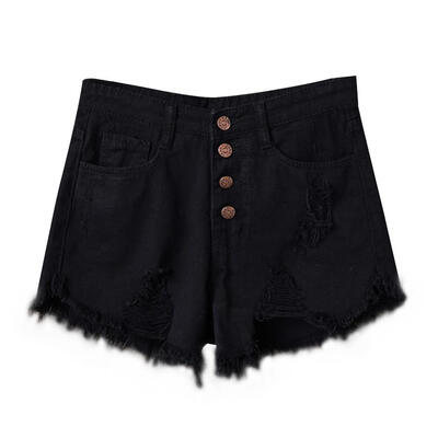 

Women Summer Hole Hot Denim Solid Color High Waist Slim Casual Wide Leg Shorts