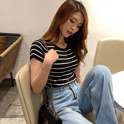 

Womens Korean Style Casual O Neck Striped Short Sleeve Slim Buttons Knitted T-Shirt