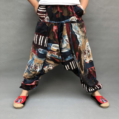 

Cotton Linen Men Loose Harem Pants Print Retro Drop Crotch Cross-pants Hip-hop Casual Wide-leg Large Size Bloomers Trousers Male