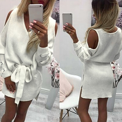 

〖Follure〗Womens Ladies Pullover Loose Strapless Long Sleeve Sweater Knitwear Dress