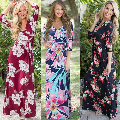 

Womens Boho Floral Cocktail Party Evening Long Maxi Dress Long Sleeve Dress 1
