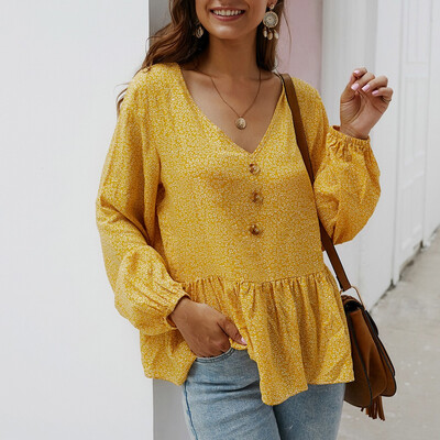 

Tailored Women Fashion Floral Print Long Sleeve V-Neck Button Casual Top T-Shirts Blouse