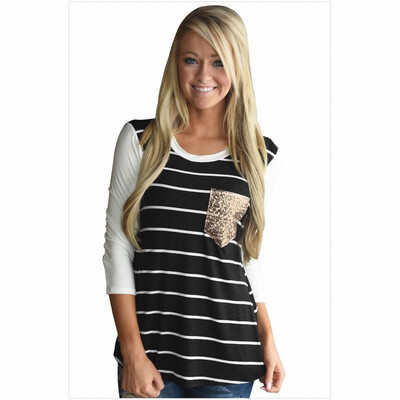 

Round neck cropped sleeves with sequined pockets casual straight top