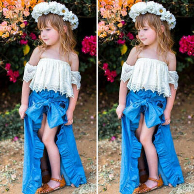 

3Pcs Kids Baby Girl Lace Off Shoulder Top T-shirt Shorts Skirt Clothes Outfit US