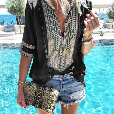 

T Shirt Women Bohemian Loose Comfortable Tshirt Summer V-Neck Half Sleeve Geometric Print Top Tee Casual Haut Femme