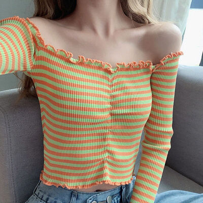 

Sexy Slash Neck T-shirt Long Sleeve Knitted Top Summer Cropped Top Women Striped Tee Shirt