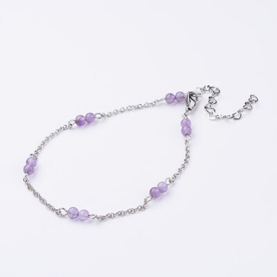 

304 Stainless Steel Chain Anklets with Natural Amethyst Beads 9-14"235mm