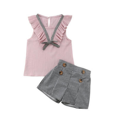 

UK Fashion 2Pcs Kids Baby Girls Sleeveless Tops Plaids Shorts Pants Clothes 2-7T