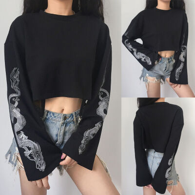 

Diablo Series Dragon Print Autumn Warm Crop Top Women Long Sleeve Pullover Coat