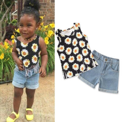 

Toddler Kids Baby Girls Sunflower Tops Jeans Denim Hot Pants Outfits Set Clothes