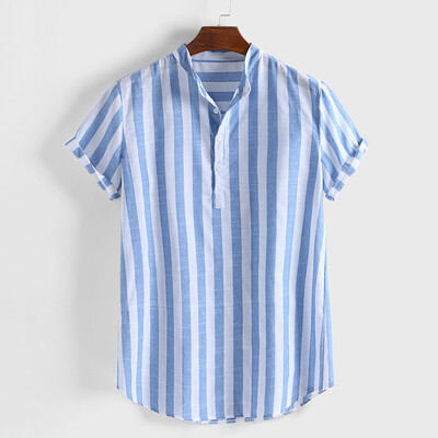 

Toponeto Mens Striped Cotton Linen Henry Colla Loose Short Sleeve Casual Buttons Shirt